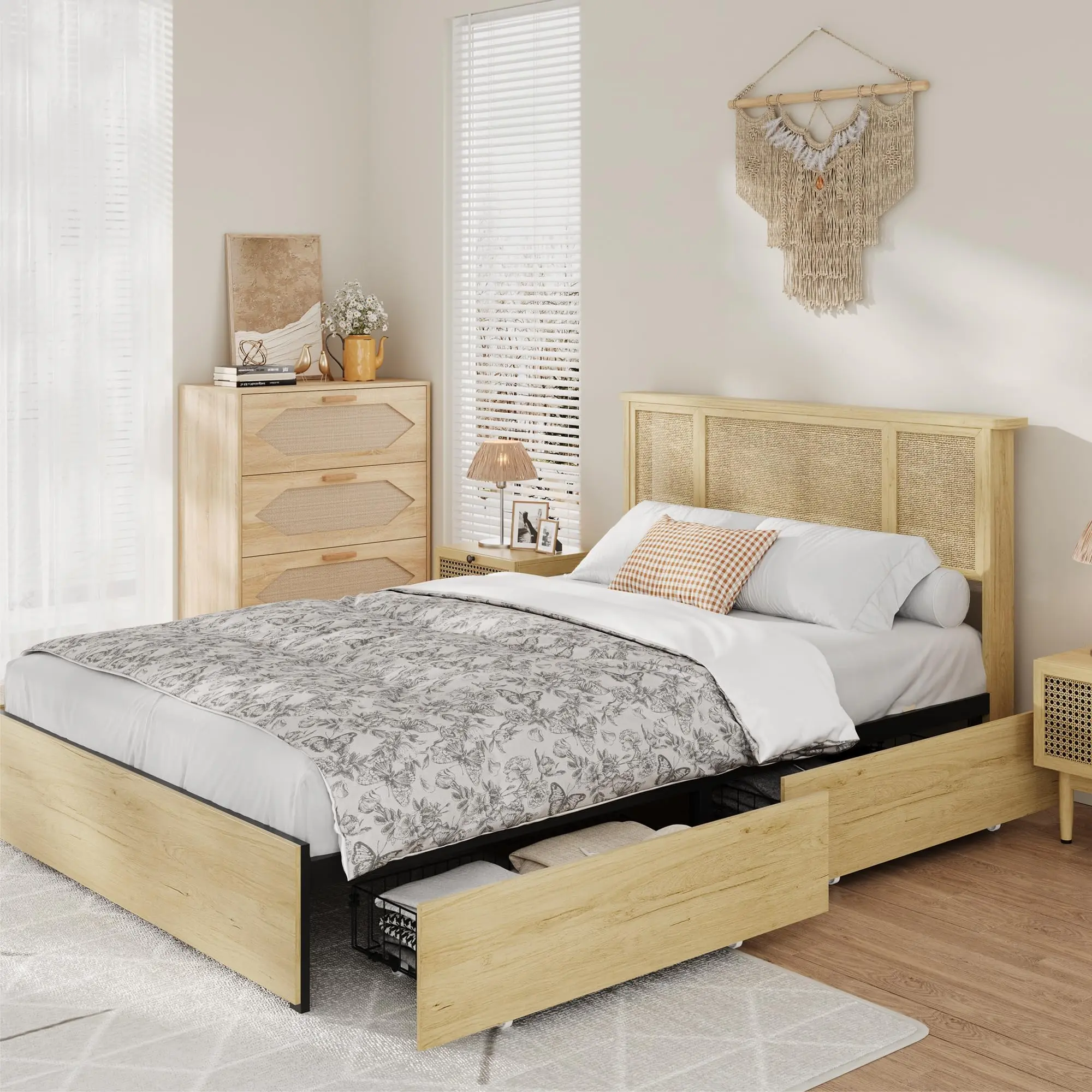 Garvee Queen and Full Bed Frames with Natural Rattan Headboards, Sturdy Metal Bases, Durable Wooden Slats, Four Storage Drawers, and Boho-Style Cane Mattress Support, No Box Spring Needed