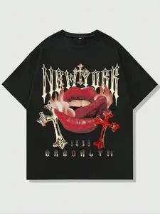 Men's Loose Fit Graphic Tee, Lip & Cross Pattern, Gothic Street Style, Casual Summer Top, Short Sleeve, Long Clothing, Streetwear, Fashion