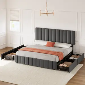 Queen Size Upholstered Adjustable Height Headboard Platform Bed Frame with 4 Storage Drawers  Sturdy Wooden Slats - No Box Spring Needed - Easy Assembly - Modern Bedroom Furniture - Color: Black or White