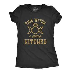 Womens This Witch Is Getting Hitched T Shirt Funny Halloween Wedding Bride Tee Funny Womens T Shirts Cute Vintage Fashion Casual Ladies T-Shirt Gift Halloween Tops for Women Funny Proposal Top Women's Novelty Black -