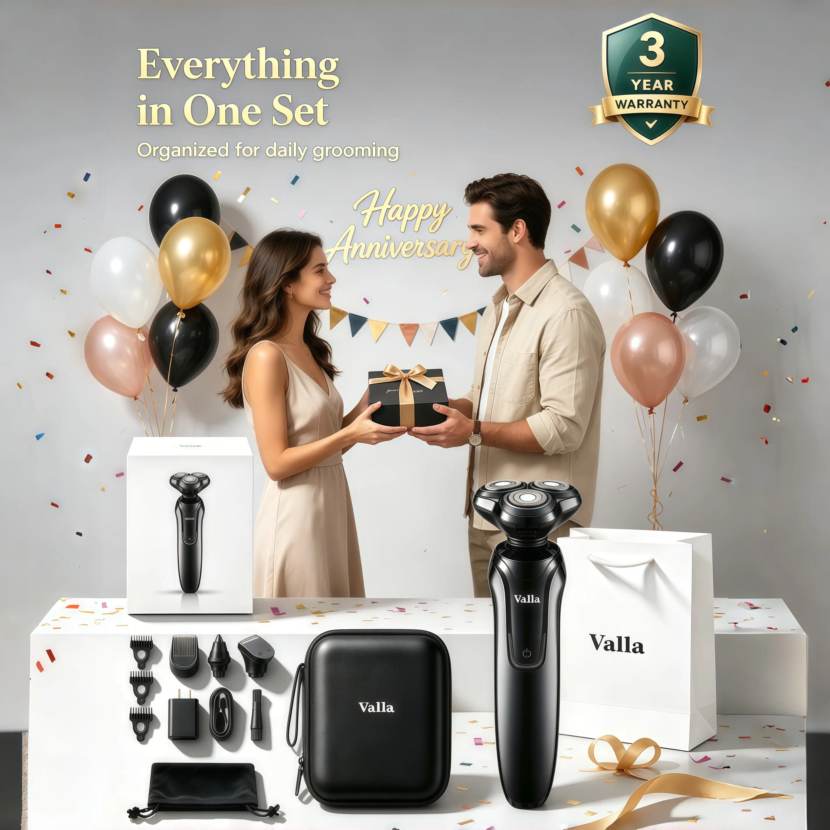 【Wedding Anniversary Gift】Valla 4-in-1 Rechargeable Electric Shaver Gift Box Set - Stainless Steel Rotary Shaver, IPX7 Waterproof Wet & Dry Use, Nose Hair Trimmer, Sideburn Trimmer, Hair Clipper with Rechargeable Battery