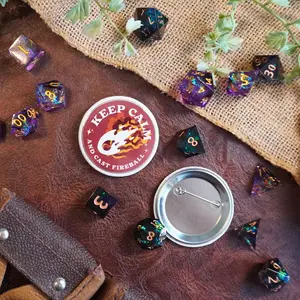 Keep Calm and Cast Fireball Button - Decorative Design with "Keep Calm" Text and Colorful Spells, Perfect for Crafting and Magic