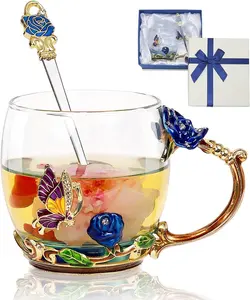 Flower Tea Cup,Butterfly Rose Clear Glass Fancy Coffee Mug with Spoon,Gift Box for Her Mom Wife Grandma Girls Women Christmas Birthday Present Idea for Juice,Hot And Cold Drinks Use