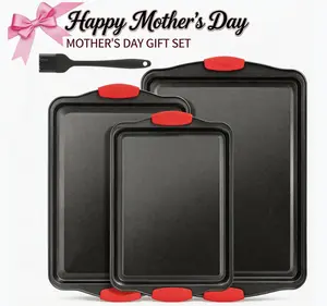 LOVEWE 3-Piece Nonstick Kitchen Oven Baking Pans - Premium & Stylish Non-Stick Steel, Commercial Grade Restaurant Quality Metal Bakeware with Red Silicone Handles - Easy to Clean