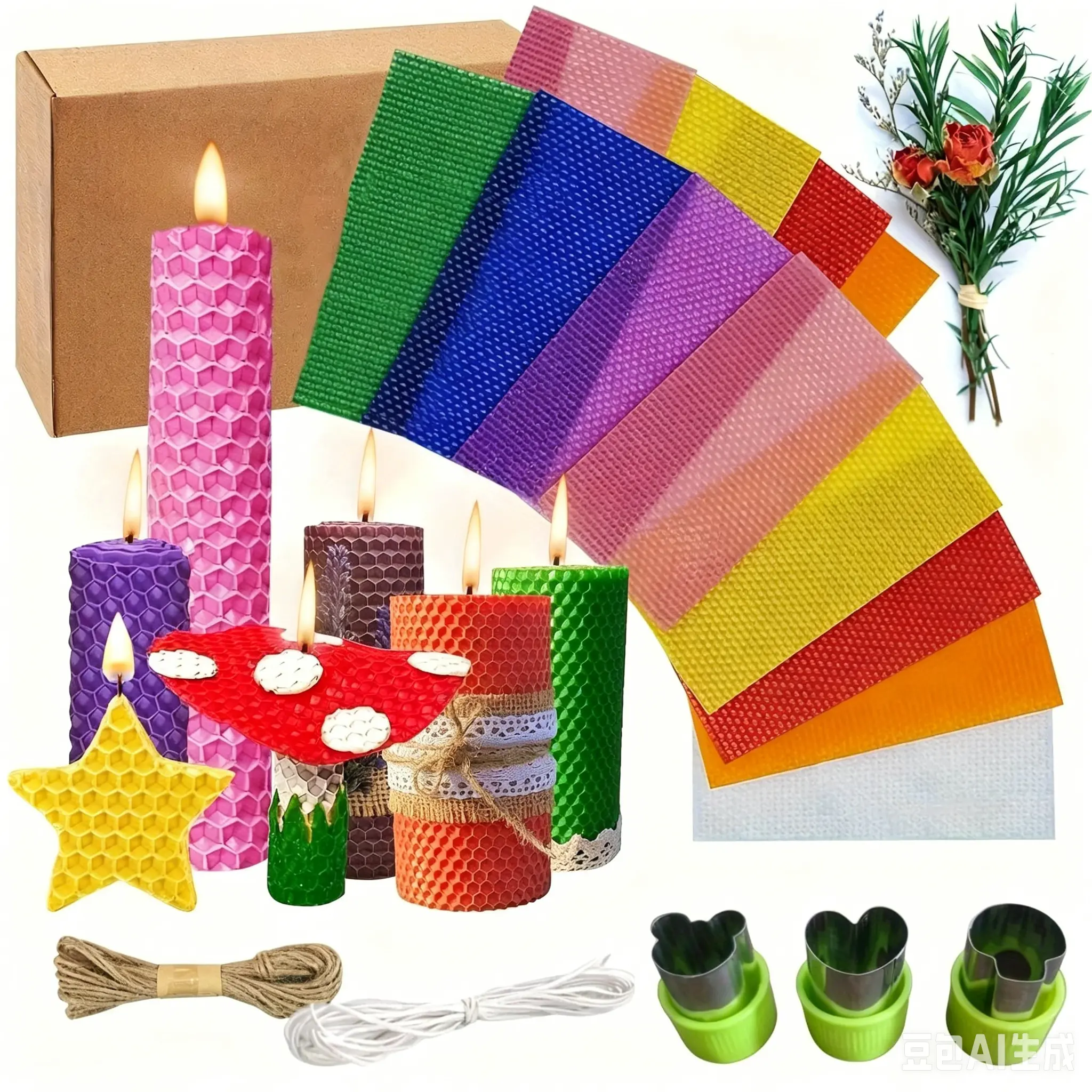 Eco-Friendly Beeswax Candle DIY Kit - Colorful Honeycomb Beeswax Sheets, 3-Style Molds, 20 Wicks, Hemp Rope, Dried Flower Accessories, No-Melt Craft Kit for Adults, Decorative Wax-Based Candles, Gift Boxes, Casual, Vibrant