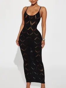 Lemishion Women's Long Sleeveless Hollow Out Formal Party Dress Chic Elegant Spaghetti Strap Basic Black Minimalist Fashion Forward Summer Wear wedding guest dresses gold dress Womenswear Piece Elegance Style Warmer Workwear