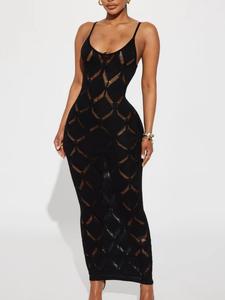 Lemishion Women's Long Sleeveless Hollow Out Formal Party Dress Chic Elegant Spaghetti Strap Basic Black Minimalist Fashion Forward Summer Wear wedding guest dresses gold dress Womenswear Piece Elegance Style Warmer Workwear summerwins