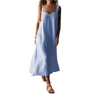 Chouyatou Women Summer Sleeveless Spaghetti Strap Linen Jumper Dress Casual A-Line Midi Beach Sundress
