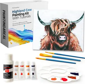 DIY Highland Cow Acrylic Painting Kit with Video Tutorials - 9pc Art Set for Adults and Beginners