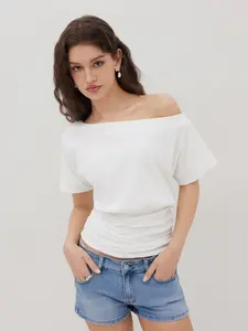 Cider Cotton-blend Asymmetrical Neck Ruched Tee