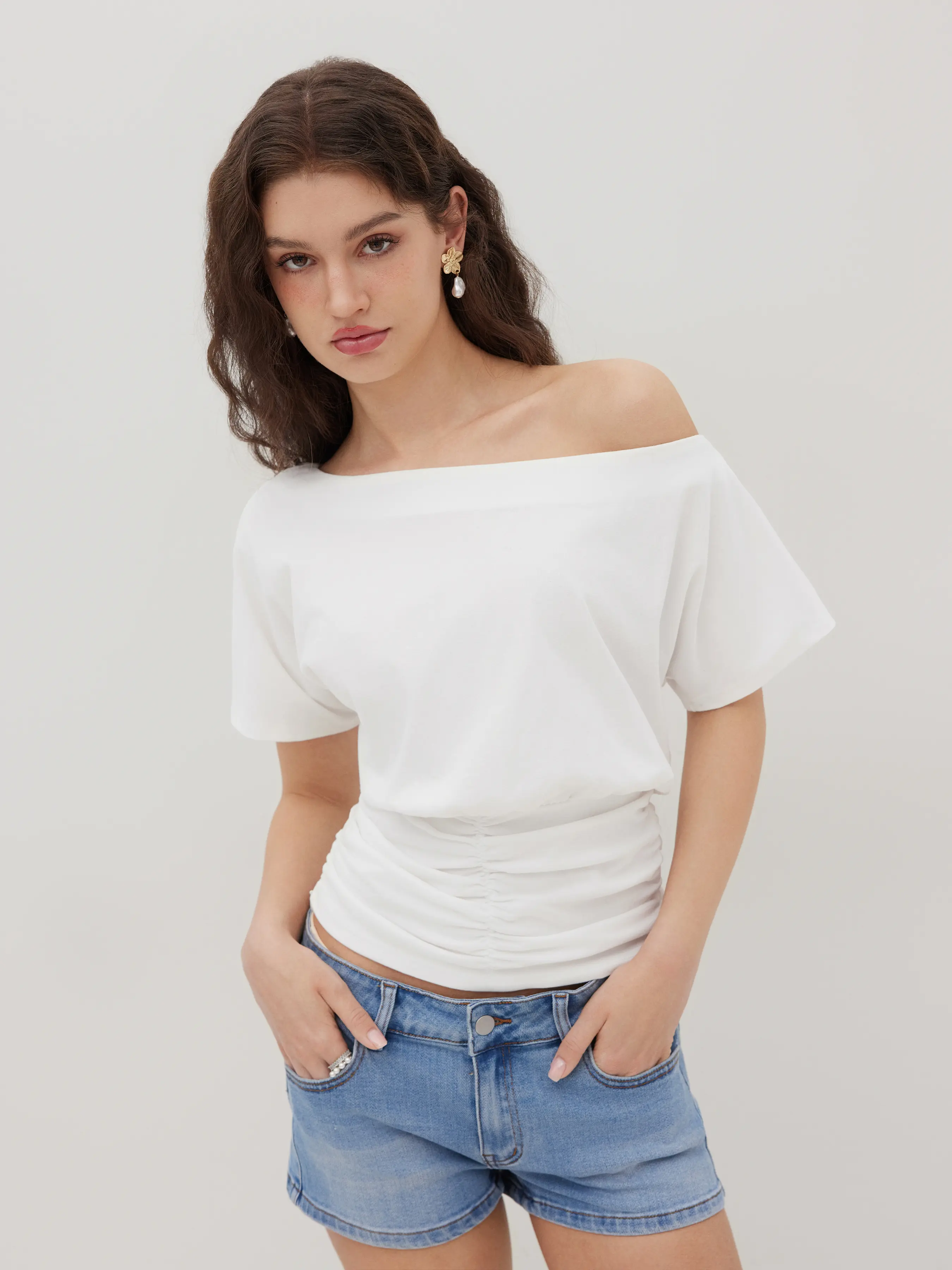 Cider Cotton-blend Asymmetrical Neck Ruched Tee