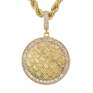 Men's Large Nugget Iced Cubic Zirconia Medal Pendant with 8mm 24" Thick Rope Chain - High Quality, Polished Design for Gifts