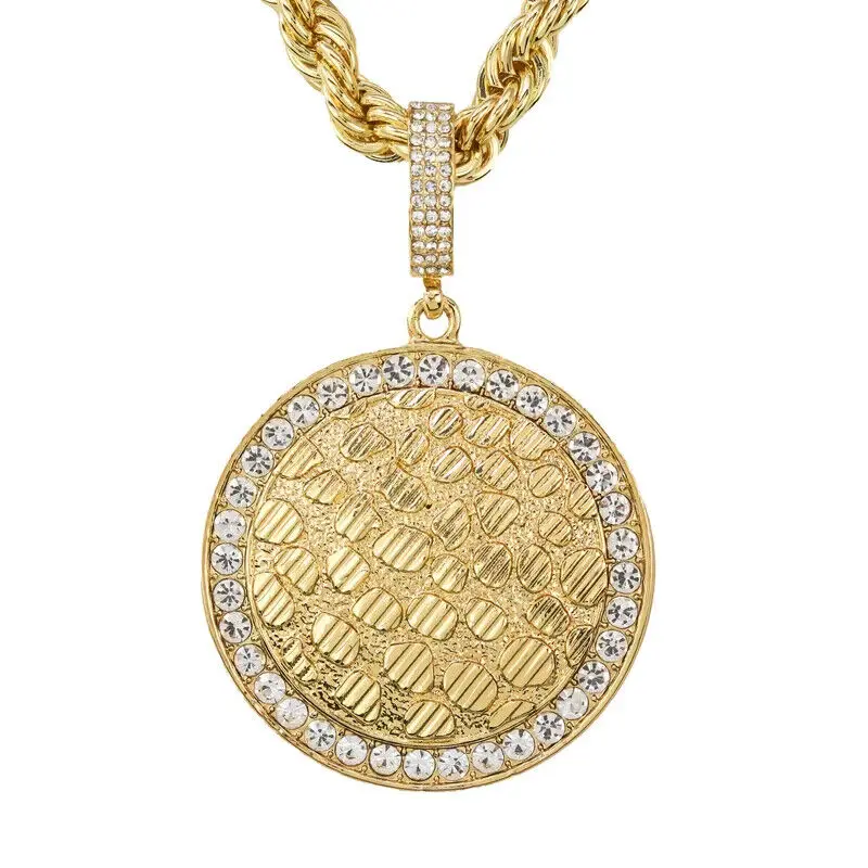 MaxBling81 Men's 8mm Large Nugget Iced Synthetic/Simulated Coloured Gemstone Medal Pendant - 24in Long Thick Gold Rope Chain, High-Quality Polished Alloy Costume Necklace, Casual Luxe Unisex Chunky Accessory, Metal Coating, Daily Wear, Gift-Ready Shine