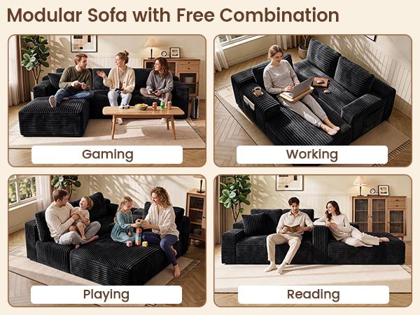 NordFun Couch 96"L-Shaped Sectional Boneless Couch with Pocket, Plush Corduroy Fabric Sofa with Deep-Seat, Modern Upholstered Couches for Living Room, No Assembly Required