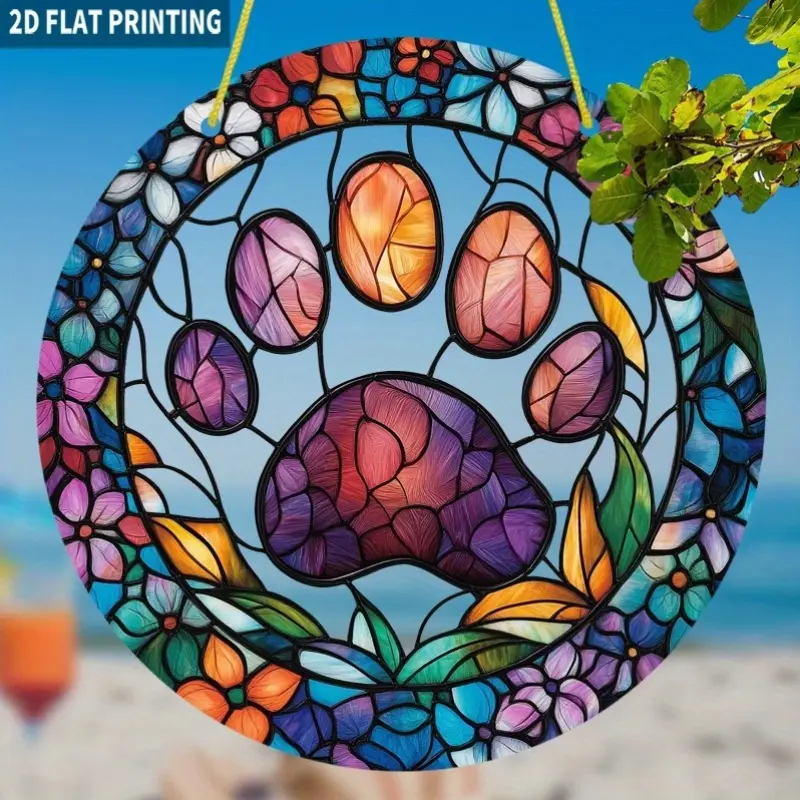 1pc Floral Paw Print Round Acrylic Sign - Wall Art Decor, Decorative Artwork, 2D Flat Hangable Home Decor, Colorful Window Hanging Accent