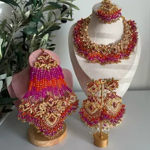 Royal Elegance 14k Plated Signature Nauratan & Pearl Jewelry Set Handcrafted with Turquoise Pink Ivory Stones Bridal Accessories