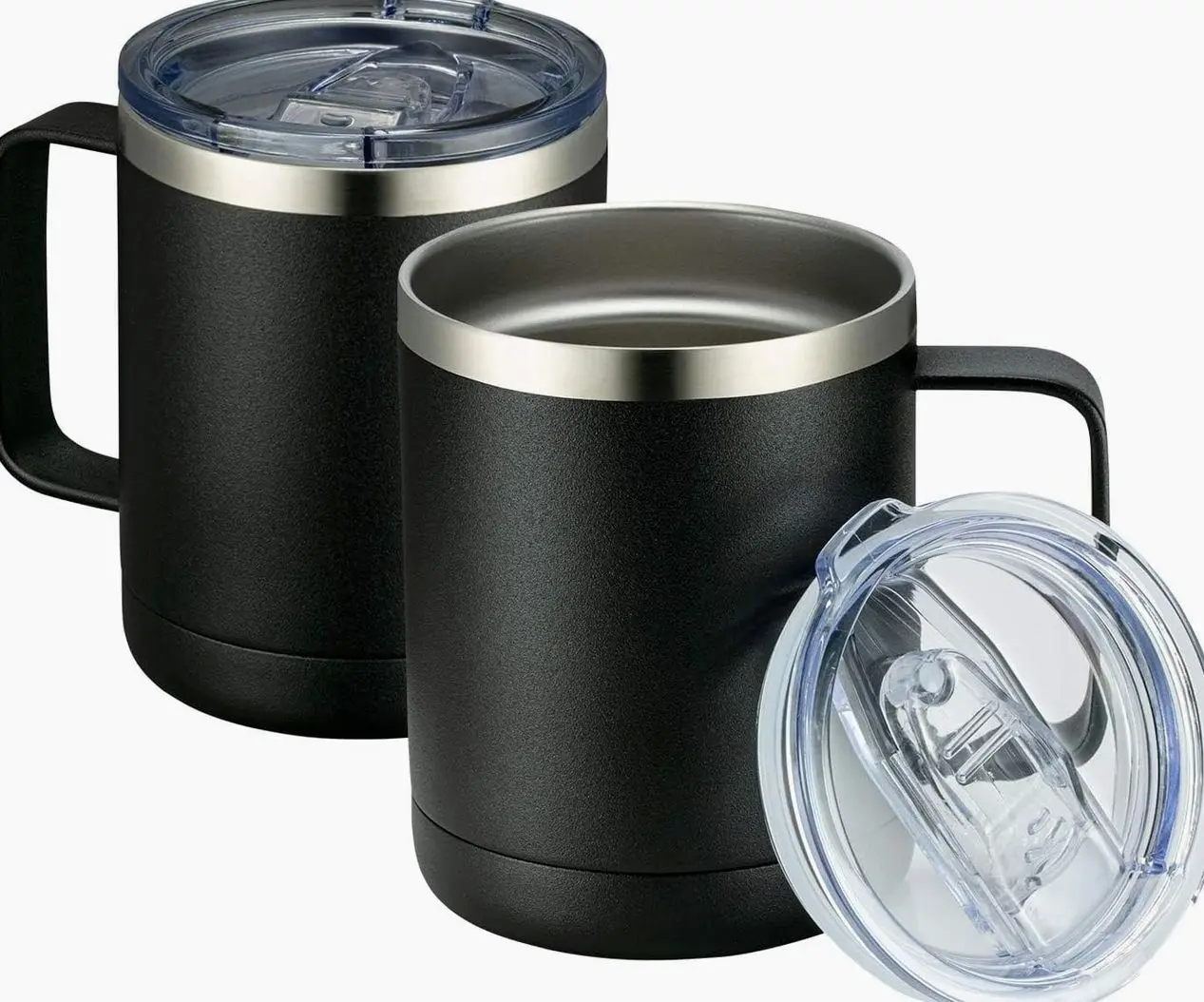 Mug With Handle and Sliding Lid,Stainless Steel Travel Tumbler Cup with Handle,Double Wall Vacuum Insulated Camping Cup for Hot & Cold Drinks Tea (Black,Set of 1