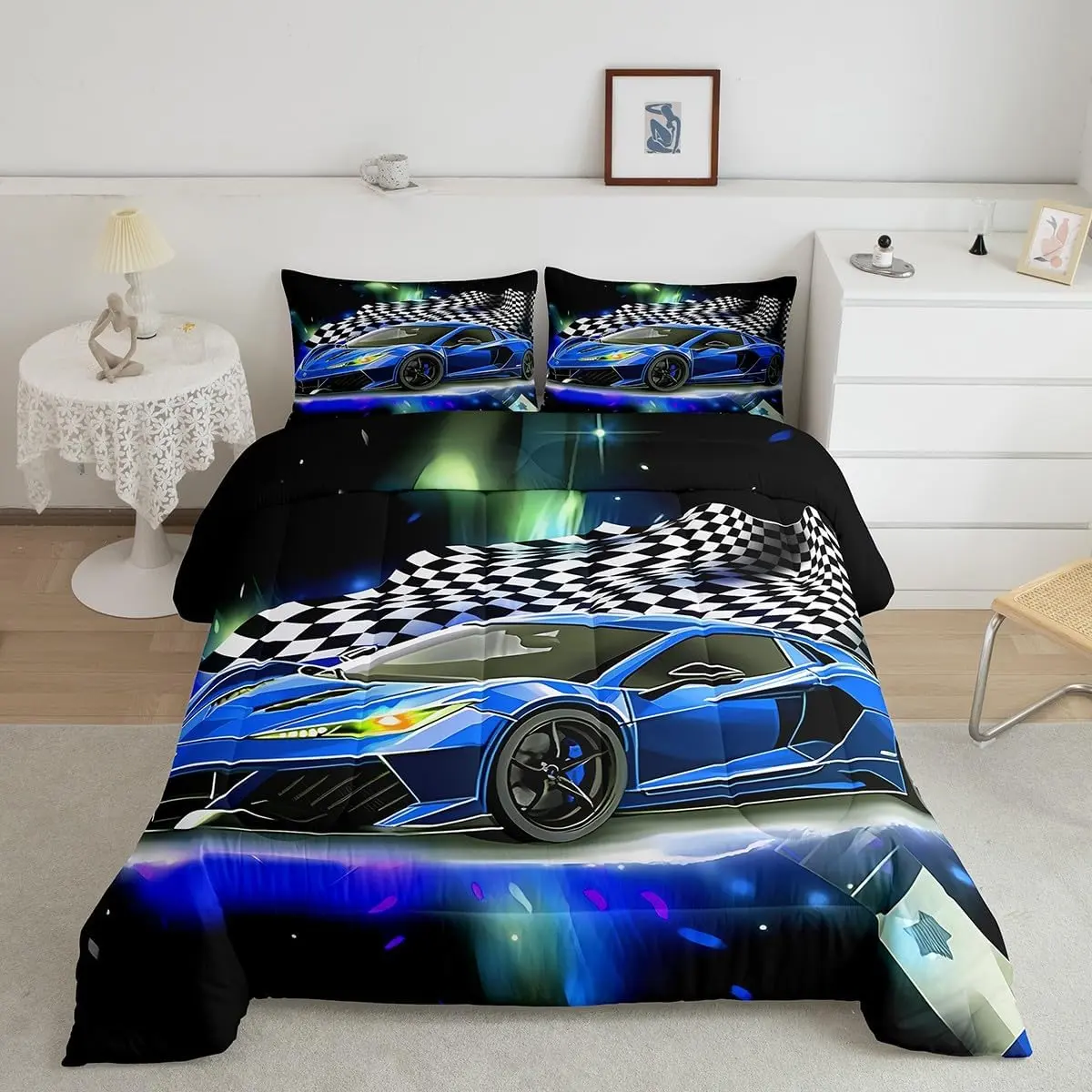 Feelyou King Size Geometric Blue Racing Car Microfiber Bed Cover Set - Comfy, Breathable Bedding Set, Soft Comforter, Cool Modern Design for Extreme Sport Enthusiasts