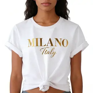 Womens White Graphic Tee Short Sleeve Crewneck Relaxed Fit Soft Casual Summer Top Streetwear Travel Outfit Milano Italy Letter Print Shirt