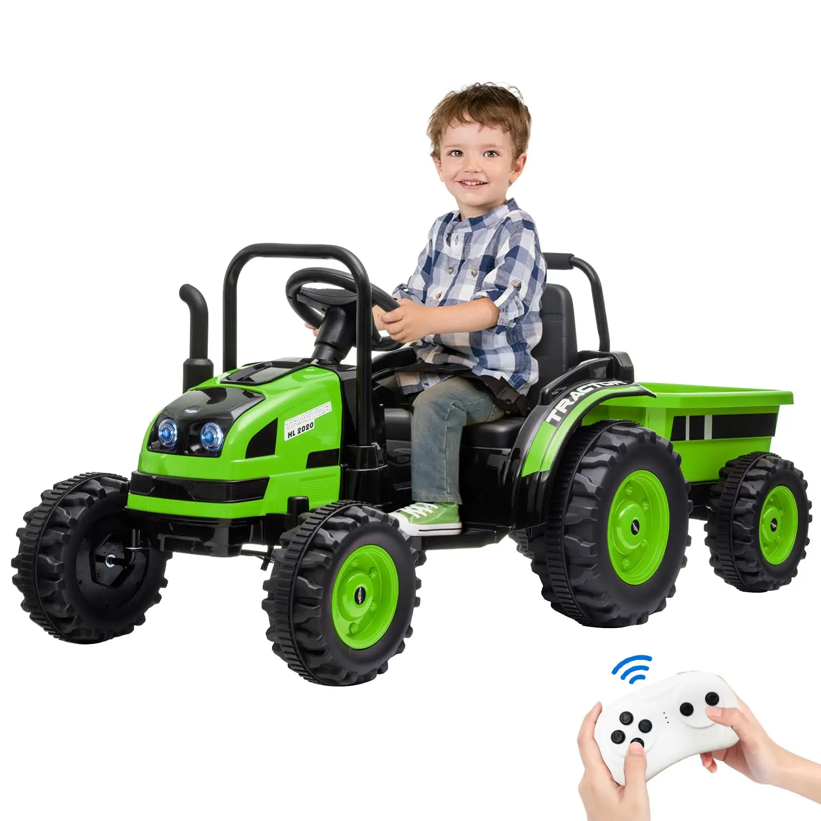 GARVEE 12V Battery-Powered Electric Kids' Ride-On Tractor for 3+ Years, with Trailer, Remote Control, Music, LED Lights, Rear Wheel Suspension (Green, Blue, Red, Pink, Yellow)