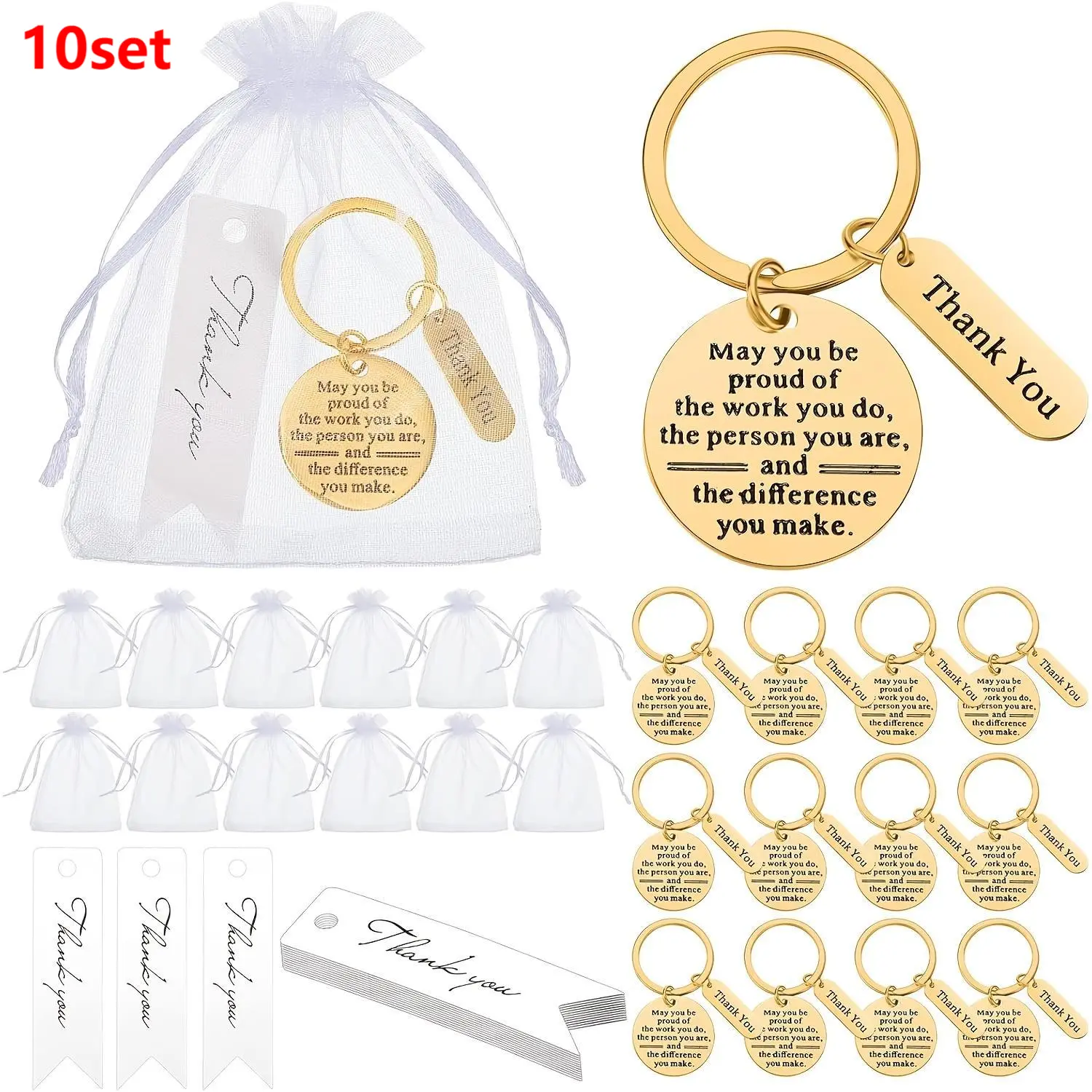 Golden Keychain Gift Sets for Employee Thanks, 10 Pack Unisex Christmas Favor for Coworkers with Thank You Tags and Organza Packaging, Unisex Gift