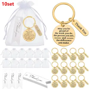 10 Sets Employee Appreciation Gifts Bulk for Coworkers Keychains Organza Bags with Cards for Staff Christmas Favors(Golden)