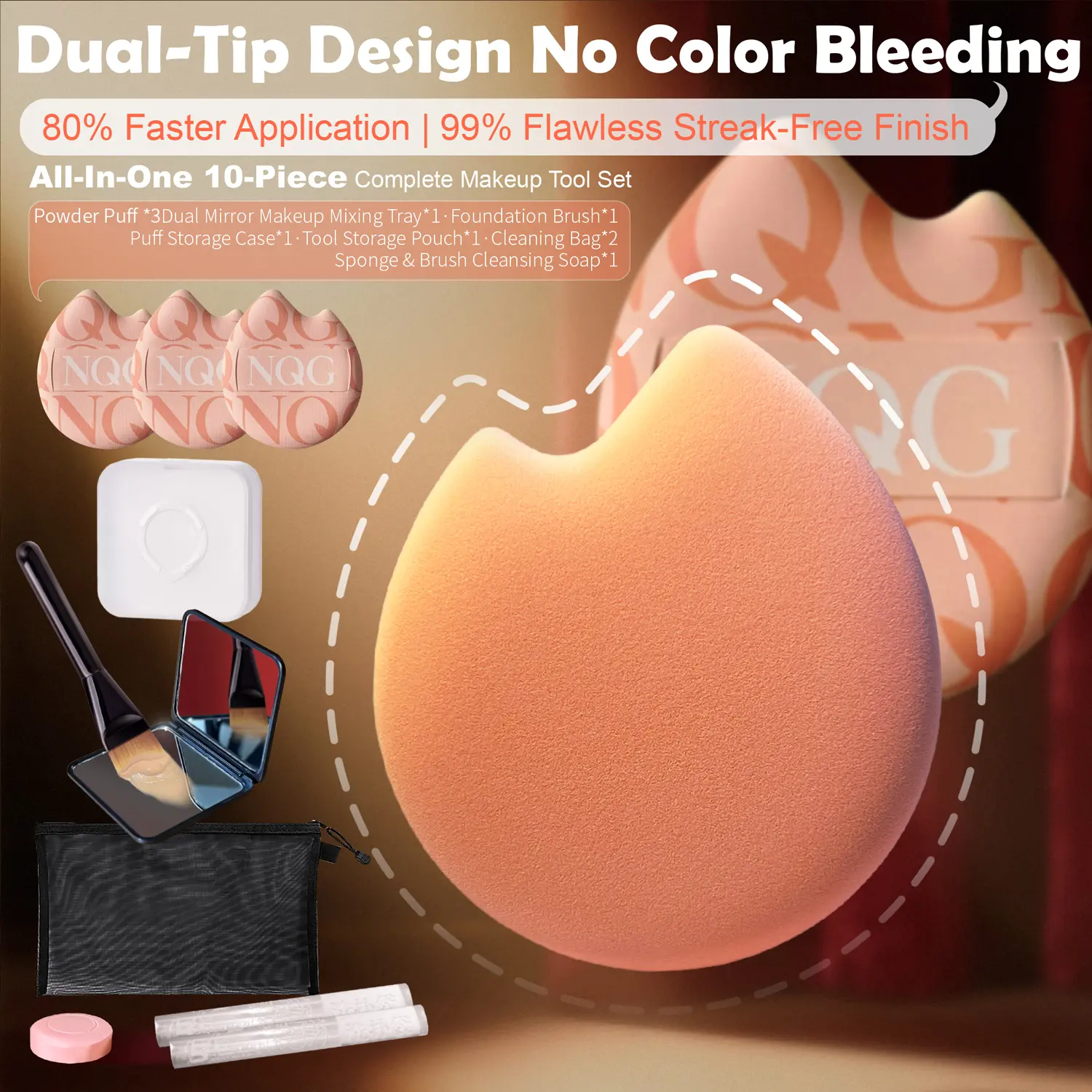 High-Efficiency Dual-Tip Makeup Sponge Set (10-Piece / 0.35 lb / 160 g) Flawless Finish & Soft Precision Zoning Application | Seamless & Streak-Free | Hassle-Free | 80% Faster Application | Ultra-Soft Powder Puff Set
