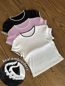 Women's Y2K Style Three-Piece Short Sleeve T-Shirt Set, Handmade Shell Embroidery Craftsmanship, Versatile Sister/family, Perfect Gift