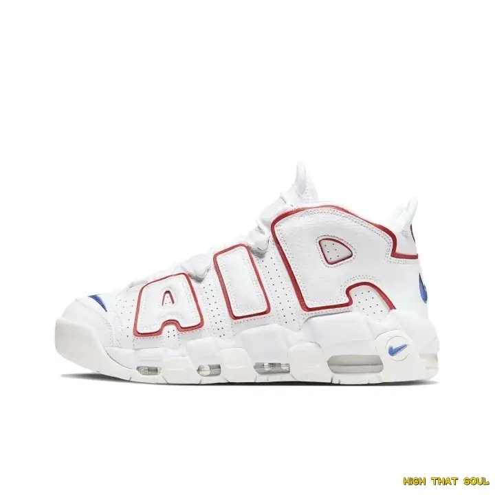 White red outlined unisex high-top sneakers, leather upper with stitching details and breathable holes, air cushion cushioning, rubber sole for daily and street wear