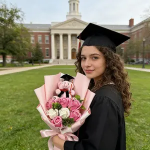Graduation Bouquet with Pink Teddy Bear & Graduation Cap, Artificial Rose Flower Bouquet, Cute Graduation Gift for Her, Photo Prop for High School College Graduation Ceremony, Graduation Decorations & Souvenir Gift