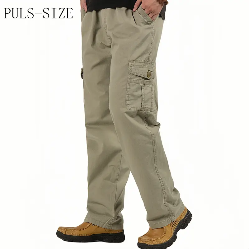 Men's Plus Size Cargo Pants, Loose-Fit Straight Leg Cotton Blend Work Trousers with an Elastic Waist and Multiple Utility Pockets, Outfits, Polyester, Fabric, Menswear, Plain, Oversize, Baggy, Outdoor, Mid Waist, Work Pants, Drawstring, Hang Dry, All Purp