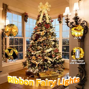 100 Led Christmas Tree Ribbon Lights with 8 Lighting Modes, Christmas Decorations 2 Inch x 33 Ft Led Ribbon Lights, Christmas Ribbon Bows Warm Lights, USB Powered Fairy String Lights with Timer for Xmas Tree Decor, Home Decoration