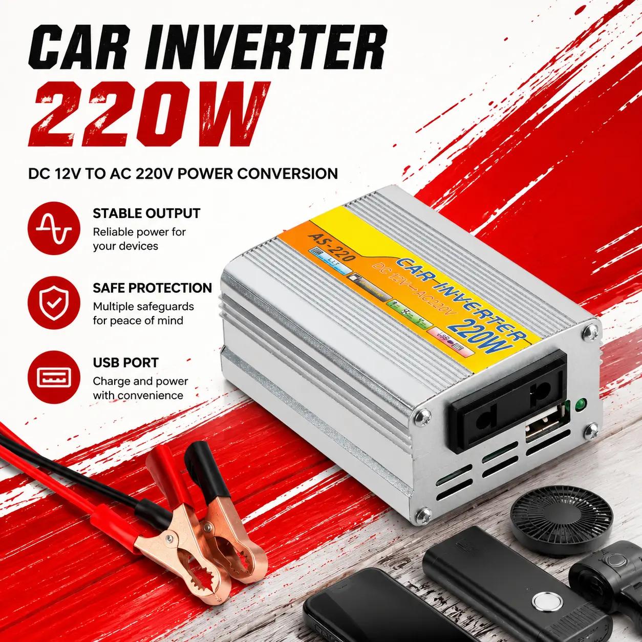 220W Car Power Inverter DC 12V to AC 220V with Overload Overheat Short Circuit Protection, Aluminum Alloy Shell Built-in Cooling Fan, Stable USB Car Charger Converter for Laptop Phone Camera