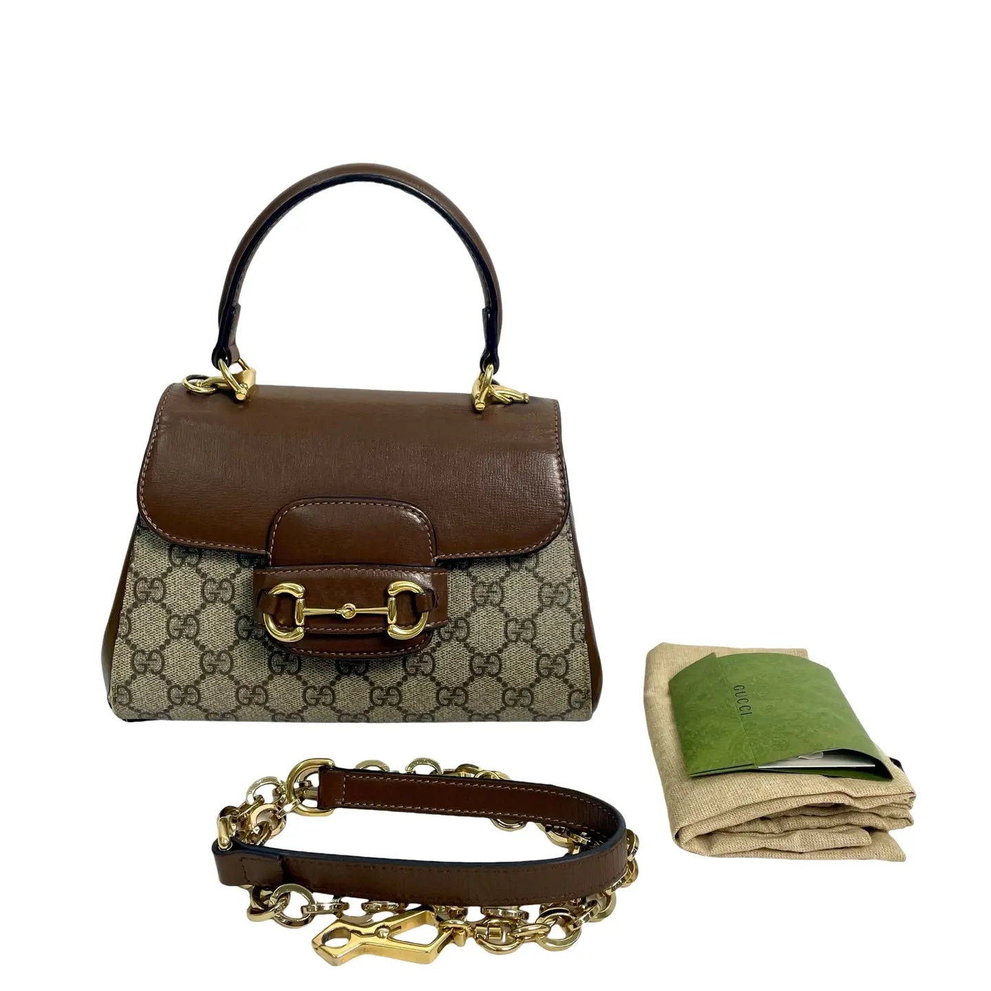 Pre-owned leather top handle bags Gucci Horsebit 1955 Mini Top Handle Bag GG Supreme and Brown Leather