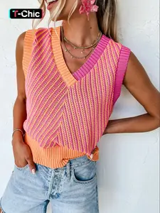 Women's Colorblock V Neck Fitted Sweater Vest, Casual Sleeveless Knit Top for Summer, Fashion Women's Knitwear for Daily Wear, Womenswear