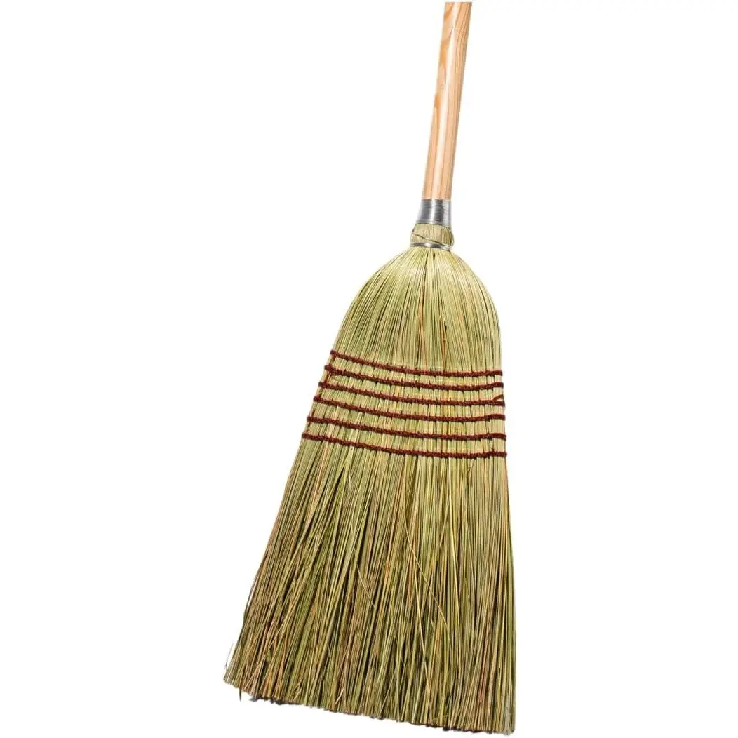 Corn Broom with Wood Handle Heavy Duty Indoor Outdoor Broom (1 1/4 Inch Handle) Cleaning Wooden