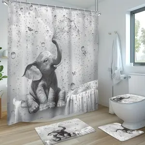 4-Piece Funny Elephant Bathroom Set - Polyester African Print Shower Curtain, Non-Slip Mat, Toilet Pads, 12 Hooks - Home Bath Decor Supply