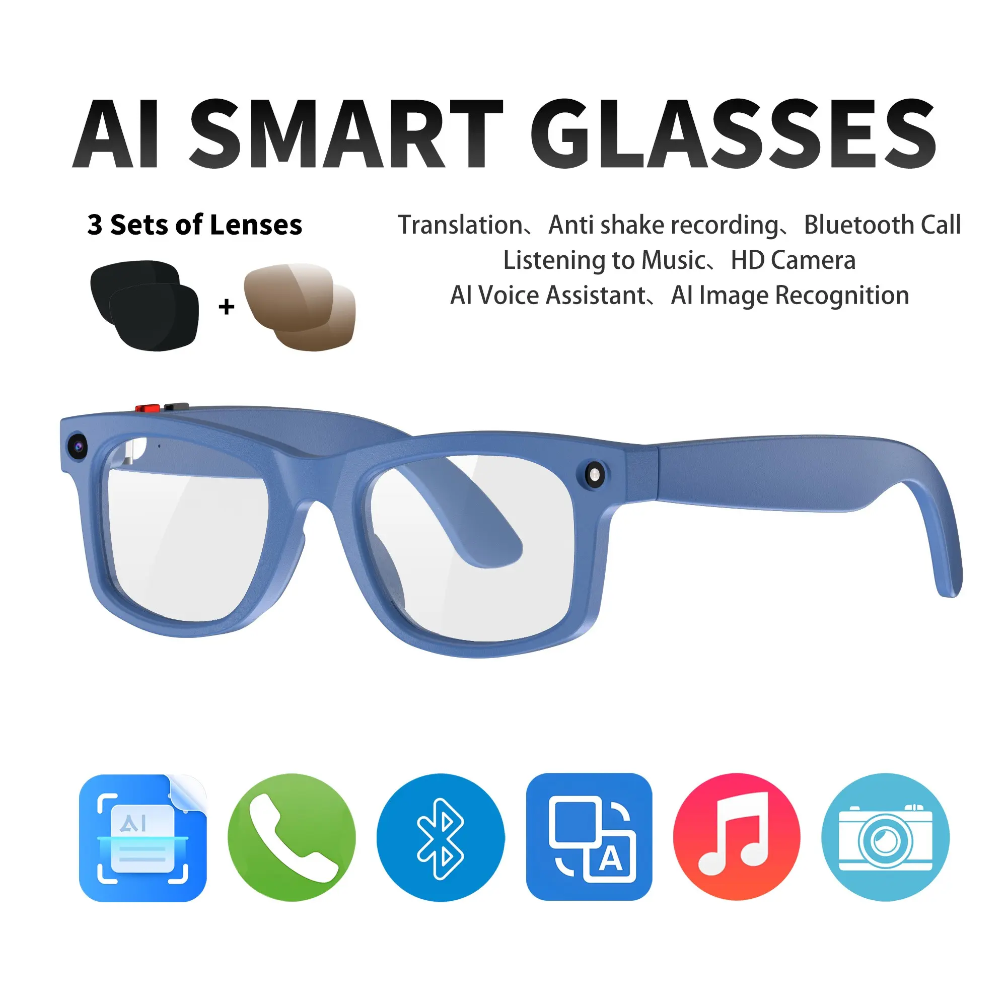 Gradient Ai Smart Glasses, Multi-Functional Smart Glasses, Glasses With Camera, HD Camera, Anti-Shake Recording, 3 Lenses, BT Call, Ai Translation, Object Recognition