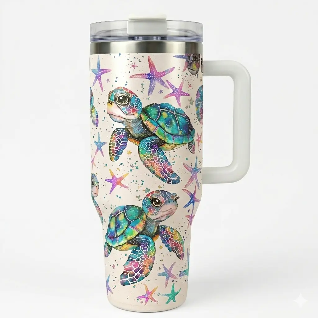 Aesthetic Sea Turtle 40oz Tumbler with Handle & Straw |   Cute Watercolor Ocean Starfish Travel Mug, Best Summer Beach Gift for Turtle Lovers Women, Insulated Stainless Steel Water Bottle Fits Car Cup Holder