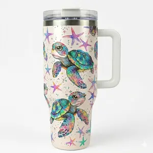 Aesthetic Sea Turtle 40oz Tumbler with Handle & Straw |   Cute Watercolor Ocean Starfish Travel Mug, Best Summer Beach Gift for Turtle Lovers Women, Insulated Stainless Steel Water Bottle Fits Car Cup Holder