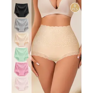QUASTI 6 Piece High Waisted Lace Sexy Cotton Women's Briefs, Comfortable Breathable Hip Lifting Skin-friendly Underwear, High Elasticity Fashionable Design Panties, Suitable For Daily Wear, Womenswear S-XXL