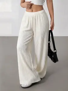 Women Apricot Crochet Wide Leg Bottom Pants High Waist Elastic Waist Beach Cover Up Trousers Boho Vacation Pants Lightweight Breathable Loose Fit Summer Resort Wear Casual Streetwear Chic Flowing Long Pants Bohemian Fashion Vibe