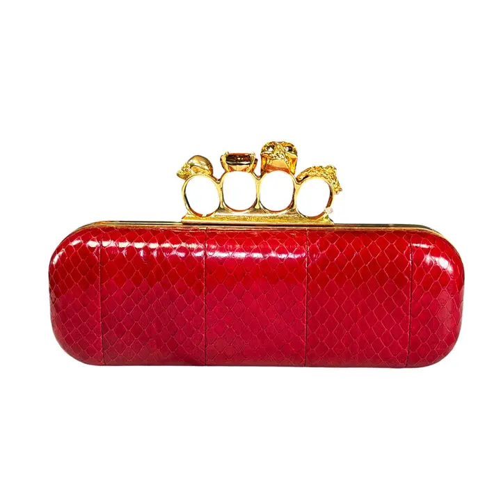 Pre-owned Alexander McQueen Leather Clutches & Wristlets Ruby Red Embossed Knuckle Clutch – Gold Rhinestone Skull Hardware