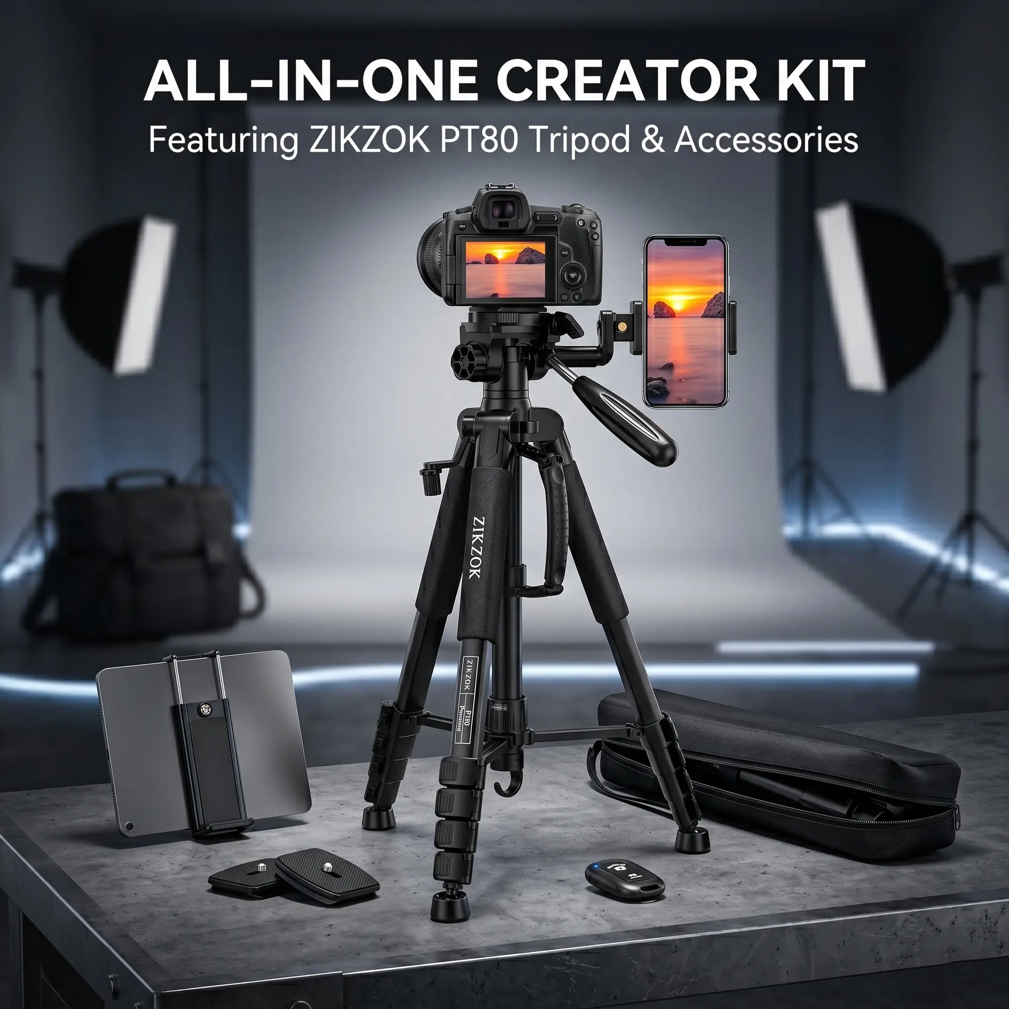 PT80 75" Grey Heavy Duty Aluminum Tripod | 15LB | Bluetooth Remote + Phone Tablet Holder + Waterproof Carry Bag | Travel Camera Stand for iPhone DSLR Vlogging TikTok Live