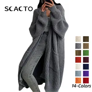 Scacto Women's Autumn Winter Lazy Style Long Knit Cardigan - Loose, Versatile Long-Sleeve, Plus-Size Minimalist Basic Casual Clothes