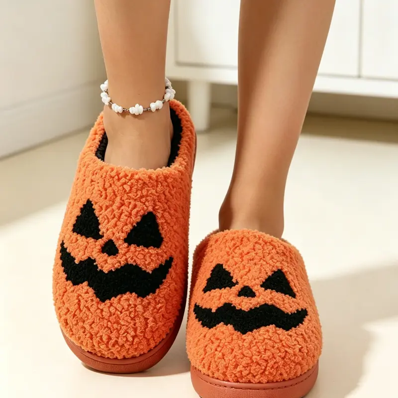 Women's Halloween Animal Pattern Plush Warm House Slippers, Sheepskin Lined Warm Non-Slip Flat Shoes, Casual Indoor Footwear for All Seasons