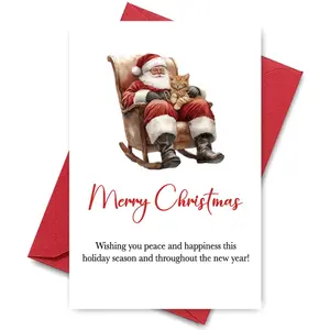 1PC Cozy Christmas Greeting Card, Santa with Cat on Rocking Chair Design, Merry Christmas & New Year Wishes Card, Positive Message Card for Family & Friends, Perfect for Holiday Season Peace & Happiness Greetings