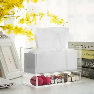 Clear Acrylic Countertop Makeup Organizer, Cosmetics Storage Drawer & Rectangular Tissue Box Dispenser