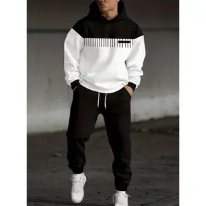 Business Fashion Leisure Set Simple Versatile Hoodie Set Clothes Menswear Long Sleeve Suits 25115 Gamis Wetsuit Black White Color Block Trousers