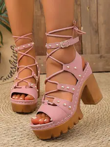 Vintage Punk Rivet Roman Lace Up Platform Heeled Sandals for Women, Summer New One-Piece Buckle Thick Sole Chunky Heel Shoes, Trendy Versatile Fashion Footwear